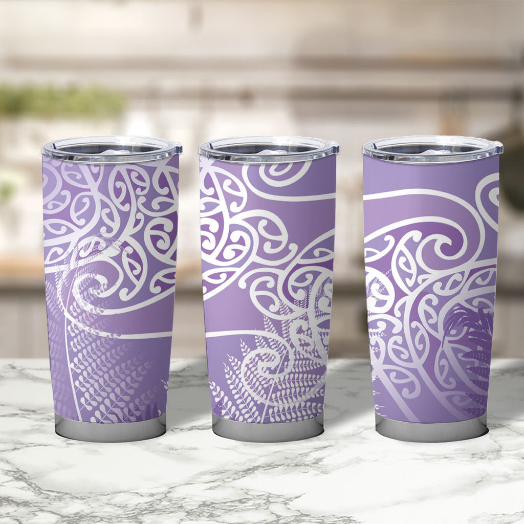 Aotearoa Maori Koru Curves Tumbler Cup Silver Ferns - Amethyst LT7 - Polynesian Pride