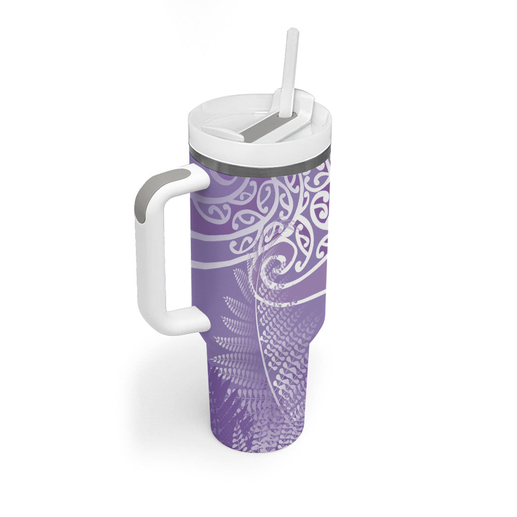 Aotearoa Maori Koru Curves Tumbler With Handle Silver Ferns - Amethyst LT7 - Polynesian Pride