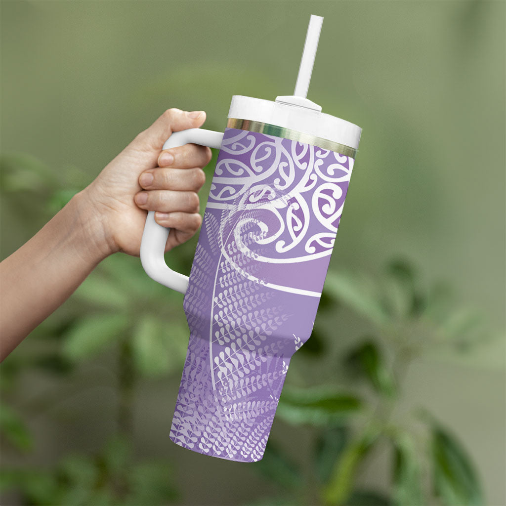 Aotearoa Maori Koru Curves Tumbler With Handle Silver Ferns - Amethyst LT7 - Polynesian Pride