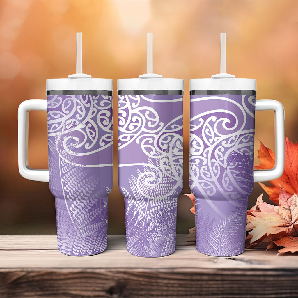 Aotearoa Maori Koru Curves Tumbler With Handle Silver Ferns - Amethyst LT7 - Polynesian Pride