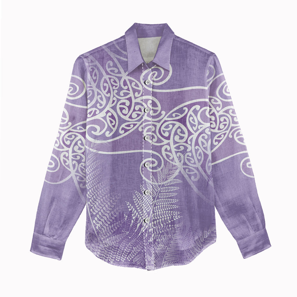 Aotearoa Maori Koru Curves Women Casual Shirt Silver Ferns - Amethyst LT7 - Polynesian Pride