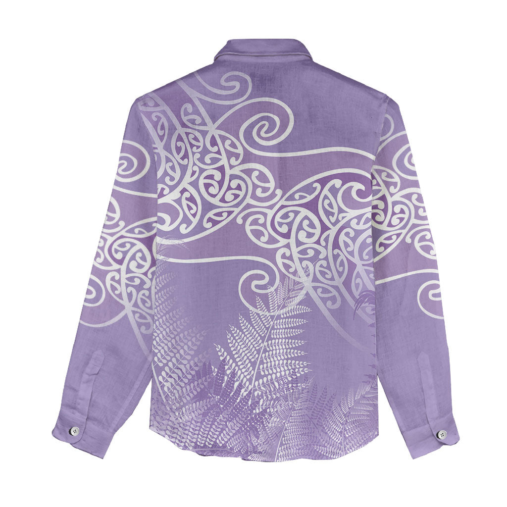 Aotearoa Maori Koru Curves Women Casual Shirt Silver Ferns - Amethyst LT7 - Polynesian Pride