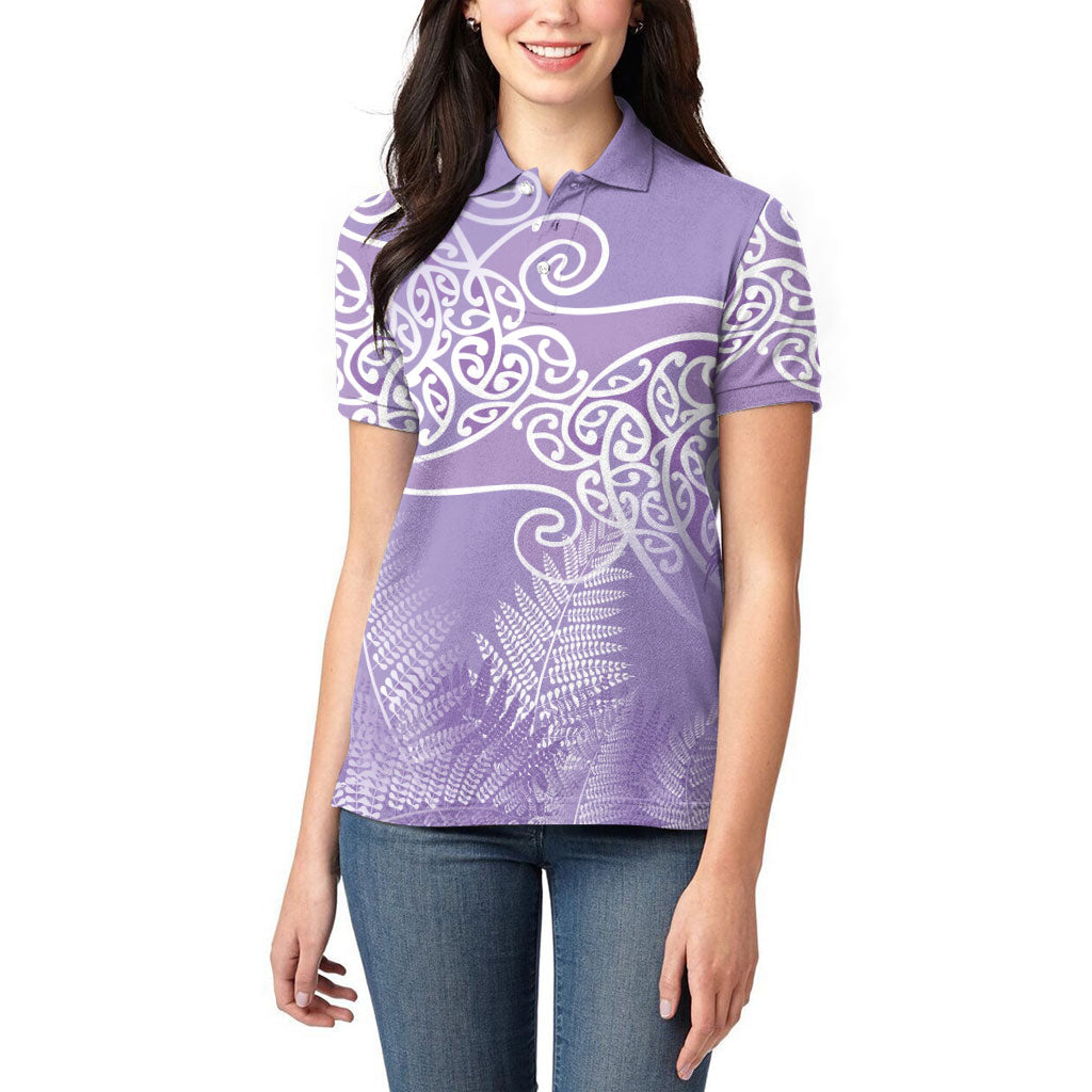 Aotearoa Maori Koru Curves Women Polo Shirt Silver Ferns - Amethyst LT7 - Polynesian Pride