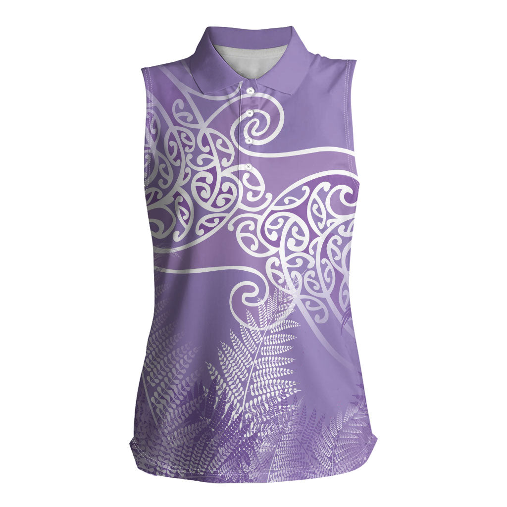 Aotearoa Maori Koru Curves Women Sleeveless Polo Shirt Silver Ferns - Amethyst LT7 Female Purple - Polynesian Pride