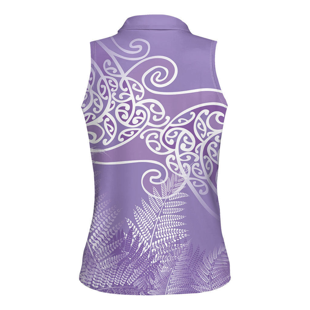 Aotearoa Maori Koru Curves Women Sleeveless Polo Shirt Silver Ferns - Amethyst LT7 - Polynesian Pride