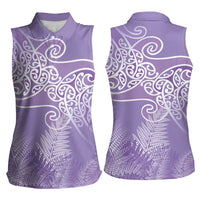 Aotearoa Maori Koru Curves Women Sleeveless Polo Shirt Silver Ferns - Amethyst LT7 - Polynesian Pride
