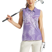 Aotearoa Maori Koru Curves Women Sleeveless Polo Shirt Silver Ferns - Amethyst LT7 - Polynesian Pride