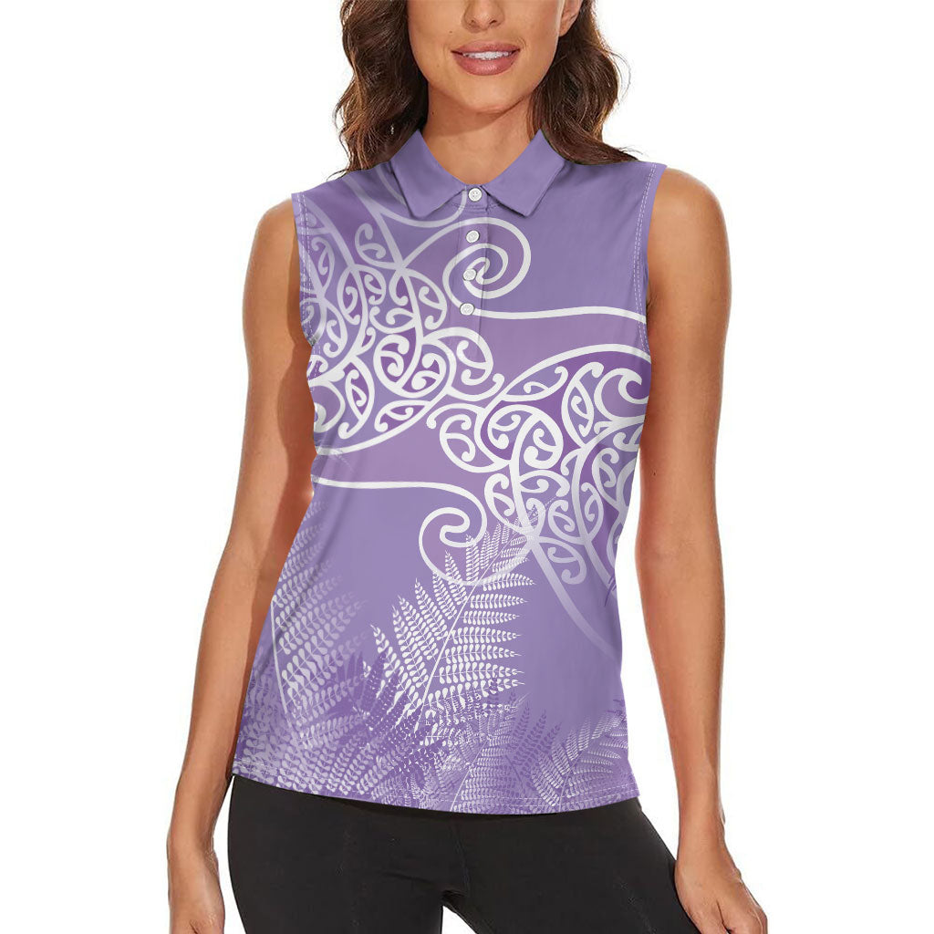 Aotearoa Maori Koru Curves Women Sleeveless Polo Shirt Silver Ferns - Amethyst LT7 - Polynesian Pride