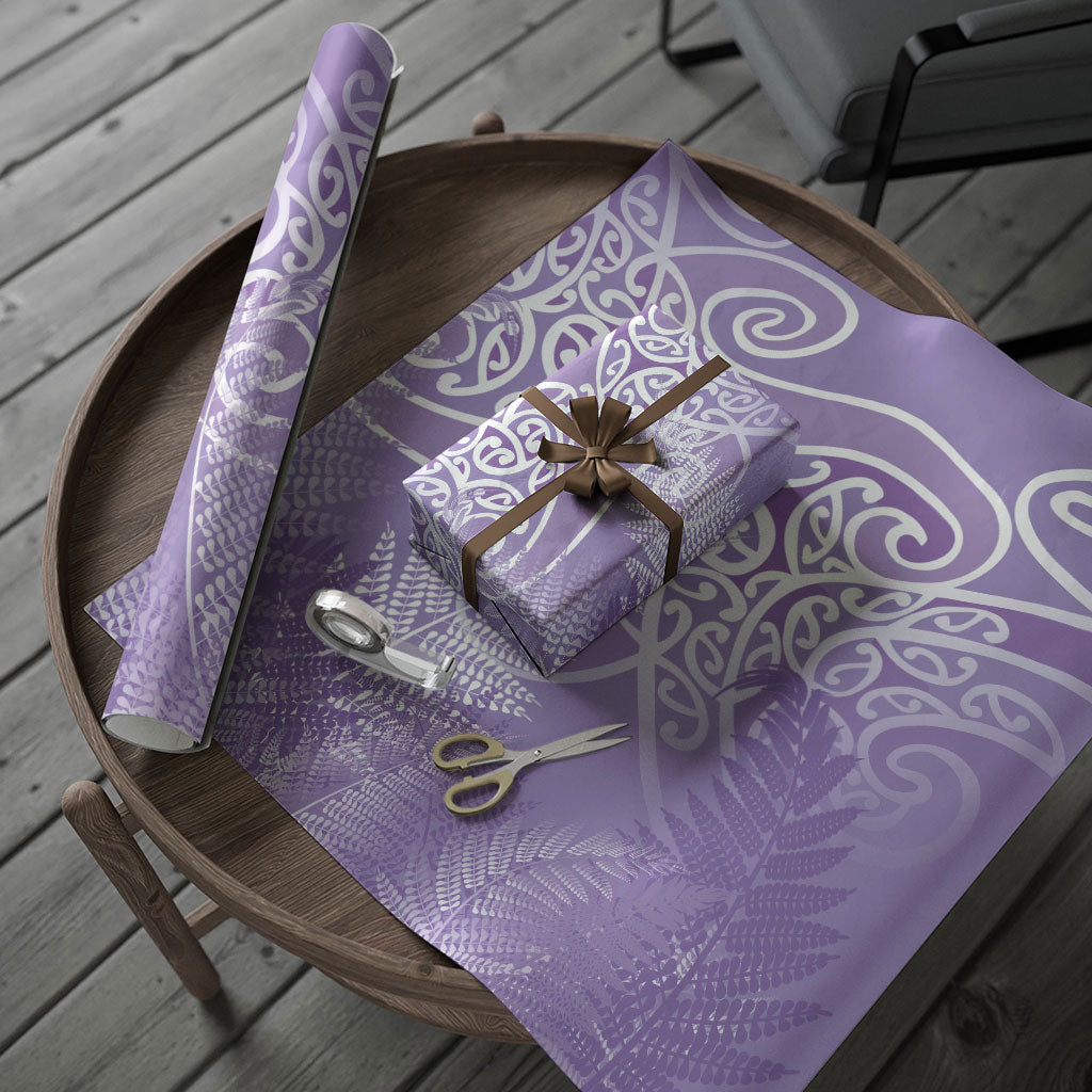 Aotearoa Maori Koru Curves Wrapping Paper Silver Ferns - Amethyst LT7 - Polynesian Pride