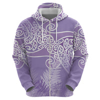 Aotearoa Maori Koru Curves Zip Hoodie Silver Ferns - Amethyst LT7 - Polynesian Pride
