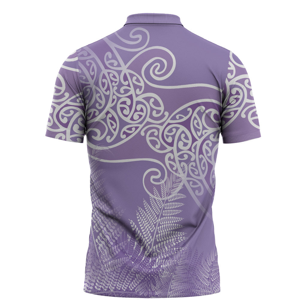 Aotearoa Maori Koru Curves Zipper Polo Shirt Silver Ferns - Amethyst LT7 - Polynesian Pride