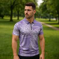 Aotearoa Maori Koru Curves Zipper Polo Shirt Silver Ferns - Amethyst LT7 - Polynesian Pride