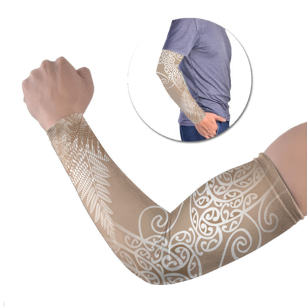 Aotearoa Maori Koru Curves Arm Sleeves Silver Ferns - Mocha LT7 Set of 2 Beige - Polynesian Pride