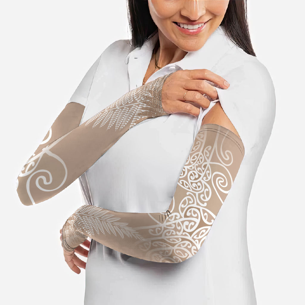 Aotearoa Maori Koru Curves Arm Sleeves Silver Ferns - Mocha LT7 - Polynesian Pride