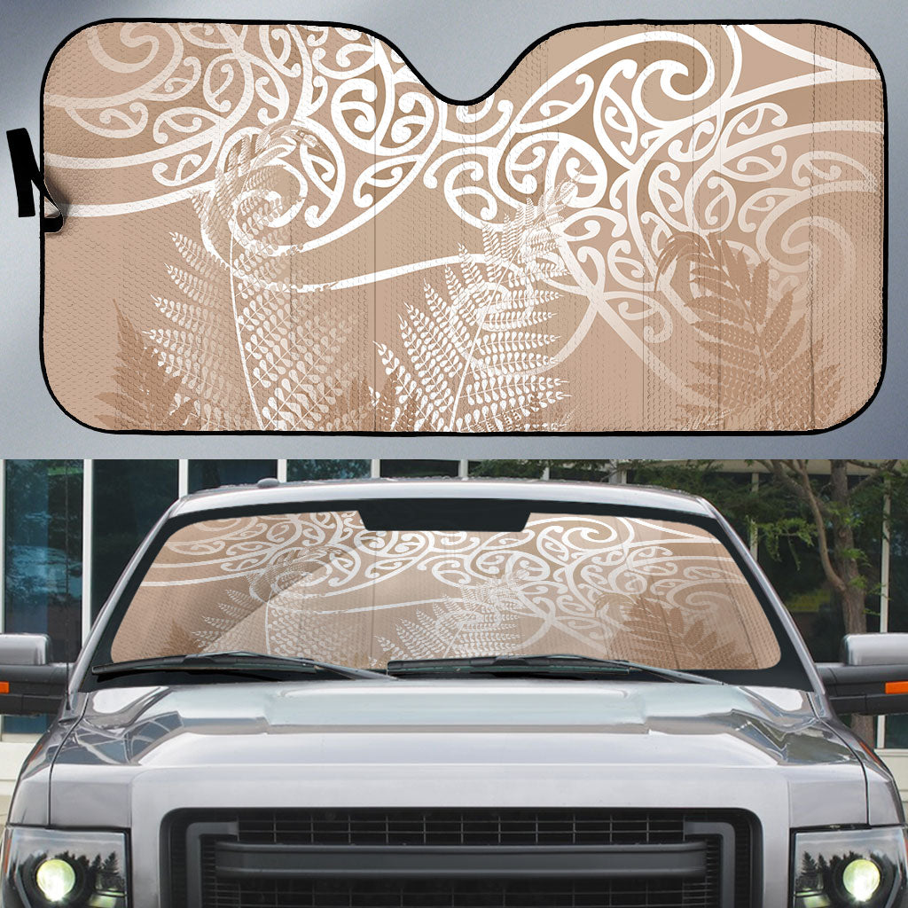 Aotearoa Maori Koru Curves Auto Sun Shade Silver Ferns - Mocha LT7 Beige - Polynesian Pride