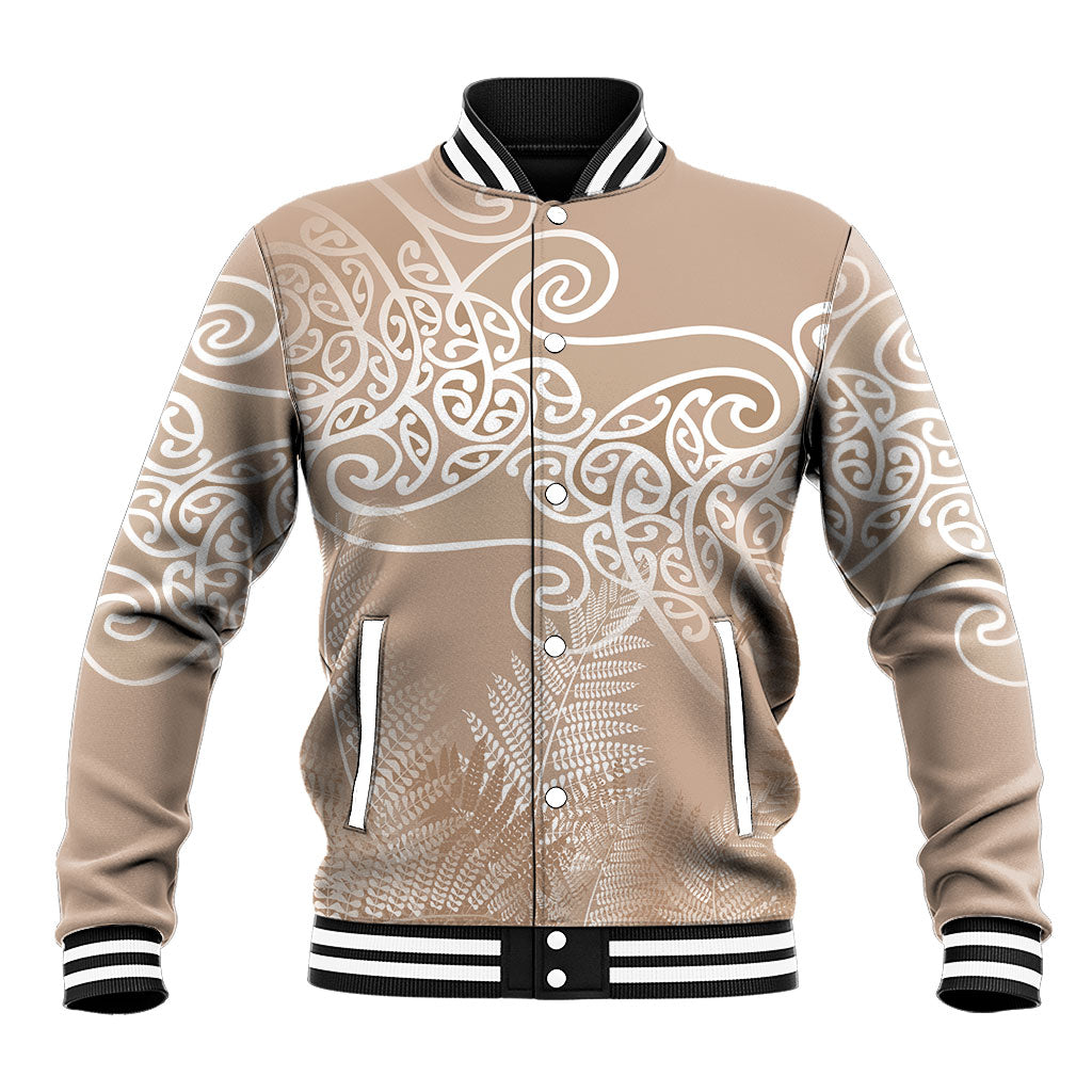 Aotearoa Maori Koru Curves Baseball Jacket Silver Ferns - Mocha LT7 Unisex Beige - Polynesian Pride
