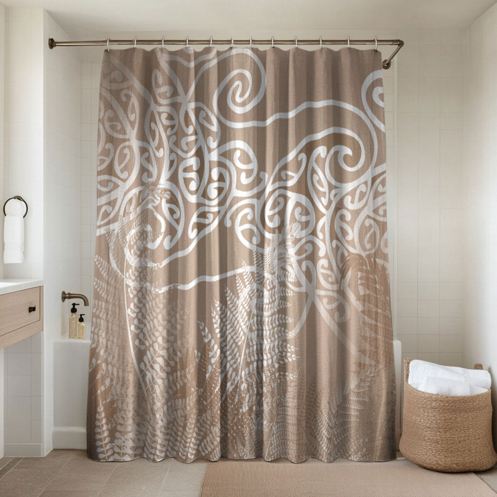 Aotearoa Maori Koru Curves Bathroom Set Silver Ferns - Mocha LT7 Shower Curtain Only Beige - Polynesian Pride