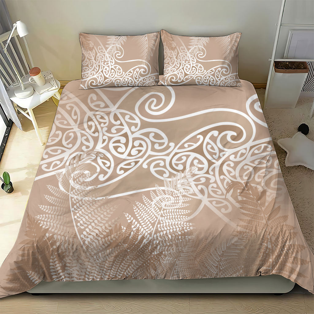 Aotearoa Maori Koru Curves Bedding Set Silver Ferns - Mocha LT7 - Polynesian Pride