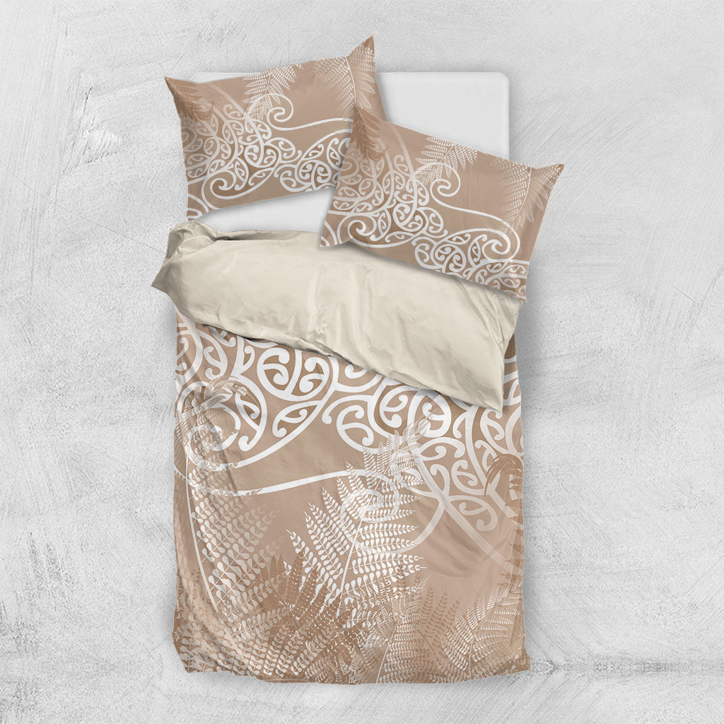 Aotearoa Maori Koru Curves Bedding Set Silver Ferns - Mocha LT7 US Twin 172cm x 218cm Beige - Polynesian Pride
