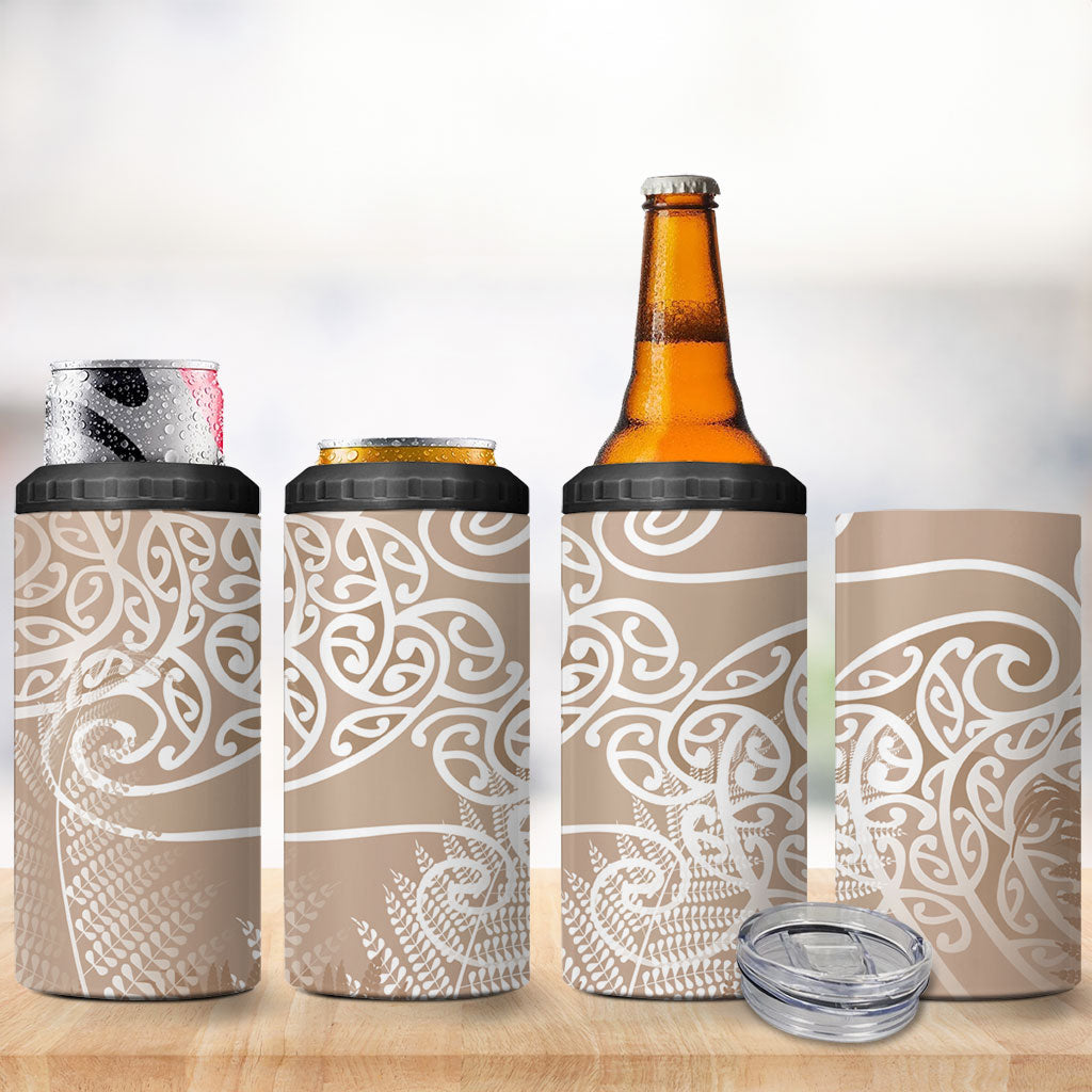 Aotearoa Maori Koru Curves 4 in 1 Can Cooler Tumbler Silver Ferns - Mocha LT7 - Polynesian Pride