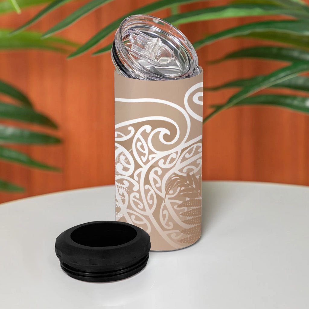 Aotearoa Maori Koru Curves 4 in 1 Can Cooler Tumbler Silver Ferns - Mocha LT7 - Polynesian Pride