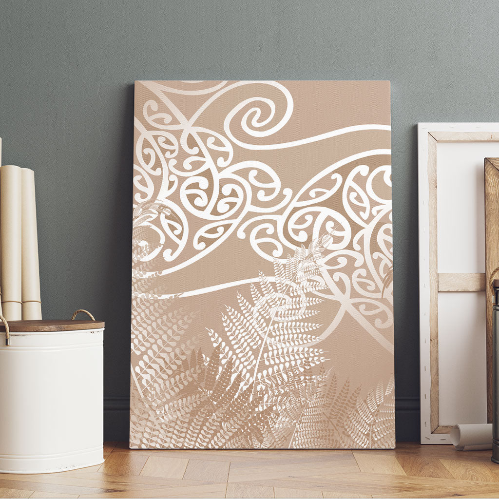 Aotearoa Maori Koru Curves Canvas Wall Art Silver Ferns - Mocha LT7 - Polynesian Pride