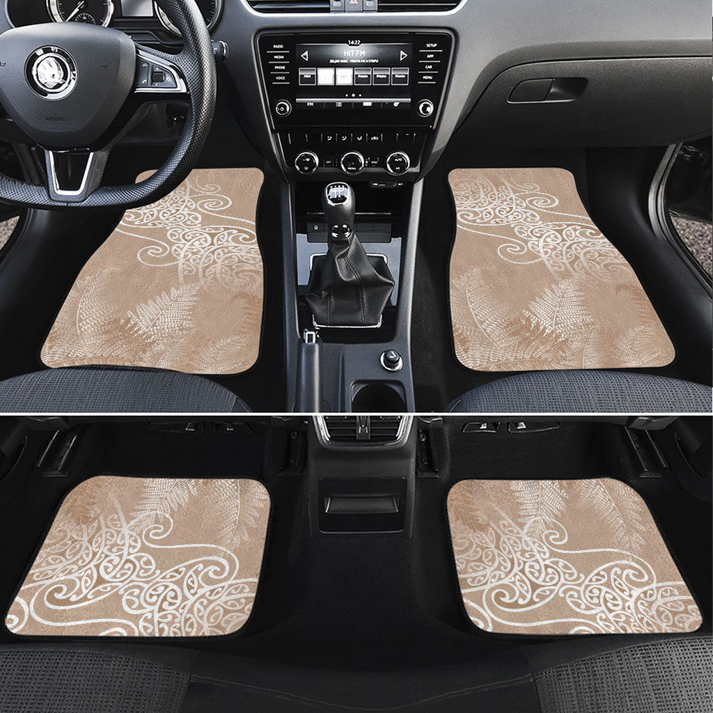 Aotearoa Maori Koru Curves Car Mats Silver Ferns - Mocha LT7 Set 4pcs Beige - Polynesian Pride