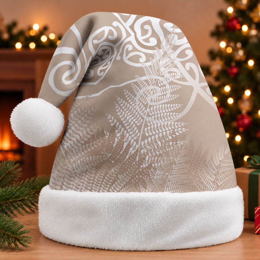 Aotearoa Maori Koru Curves Christmas Santa Hat Silver Ferns - Mocha LT7 Without Fur Beige - Polynesian Pride