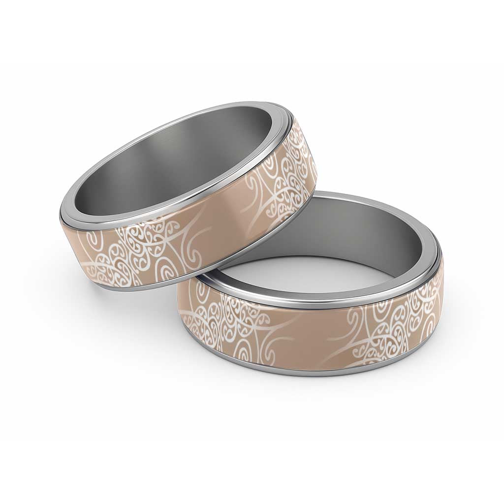 Aotearoa Maori Koru Curves Classic Ring Silver Ferns - Mocha LT7 Sliver Beige - Polynesian Pride