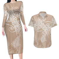 Aotearoa Maori Koru Curves Couples Matching Long Sleeve Bodycon Dress and Hawaiian Shirt Silver Ferns - Mocha