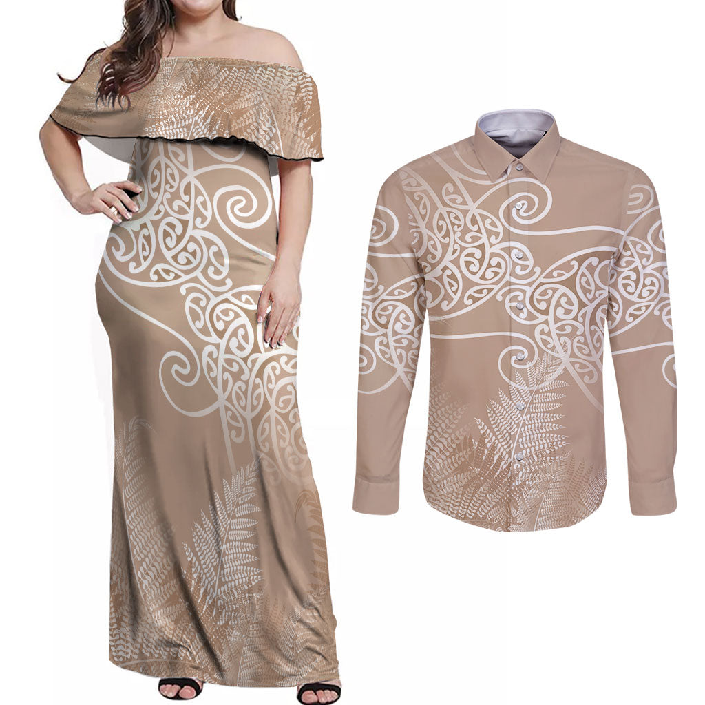 Aotearoa Maori Koru Curves Couples Matching Off Shoulder Maxi Dress and Long Sleeve Button Shirt Silver Ferns - Mocha LT7 Beige - Polynesian Pride