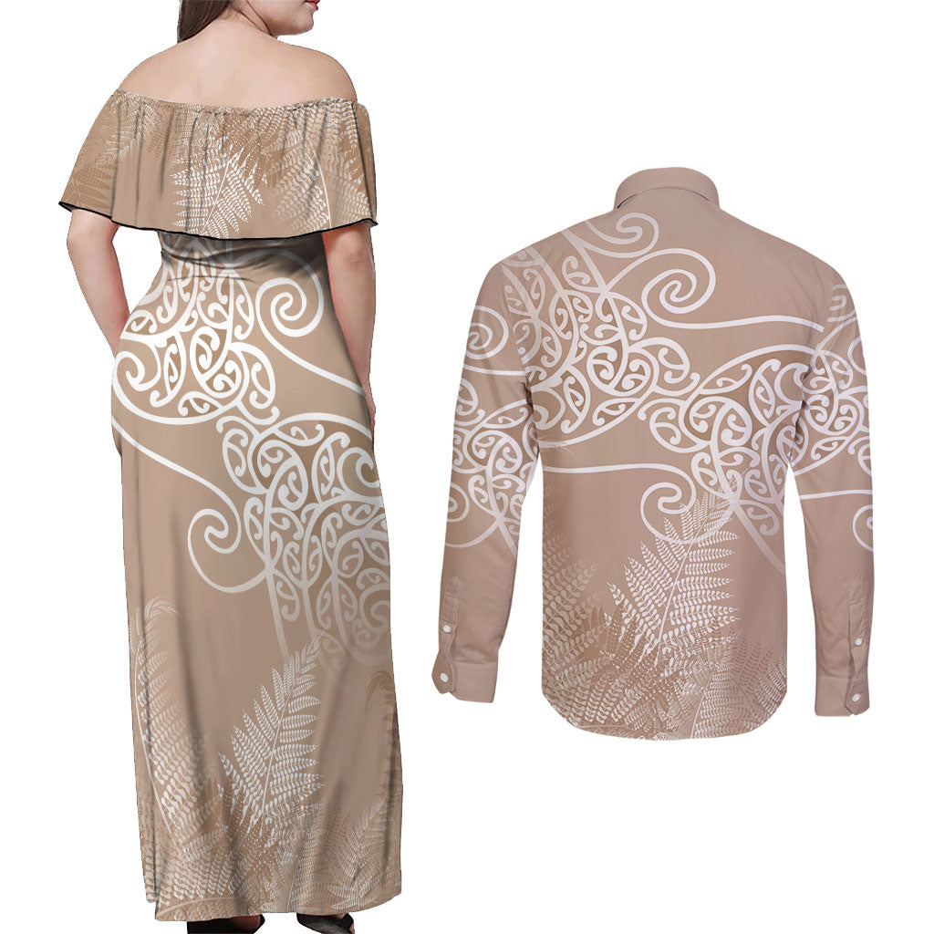 Aotearoa Maori Koru Curves Couples Matching Off Shoulder Maxi Dress and Long Sleeve Button Shirt Silver Ferns - Mocha LT7 - Polynesian Pride