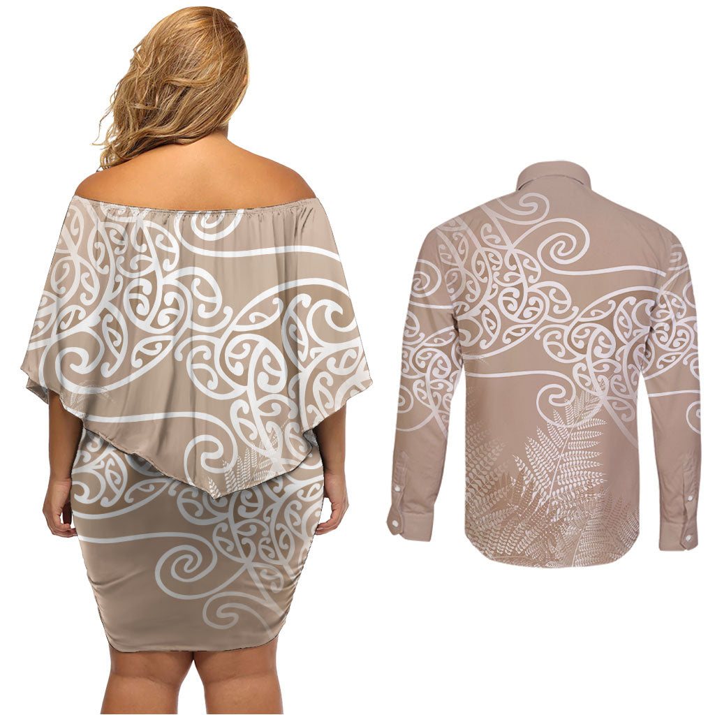 Aotearoa Maori Koru Curves Couples Matching Off Shoulder Short Dress and Long Sleeve Button Shirt Silver Ferns - Mocha LT7 - Polynesian Pride