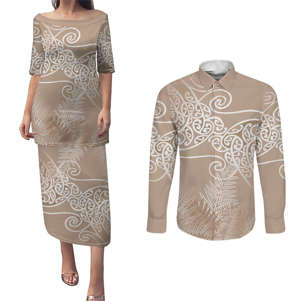 Aotearoa Maori Koru Curves Couples Matching Puletasi and Long Sleeve Button Shirt Silver Ferns - Mocha LT7 Beige - Polynesian Pride