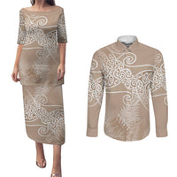 Aotearoa Maori Koru Curves Couples Matching Puletasi and Long Sleeve Button Shirt Silver Ferns - Mocha LT7 Beige - Polynesian Pride
