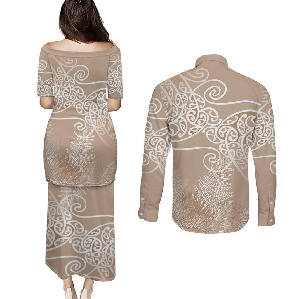 Aotearoa Maori Koru Curves Couples Matching Puletasi and Long Sleeve Button Shirt Silver Ferns - Mocha LT7 - Polynesian Pride