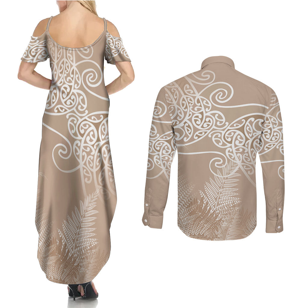 Aotearoa Maori Koru Curves Couples Matching Summer Maxi Dress and Long Sleeve Button Shirt Silver Ferns - Mocha LT7 - Polynesian Pride