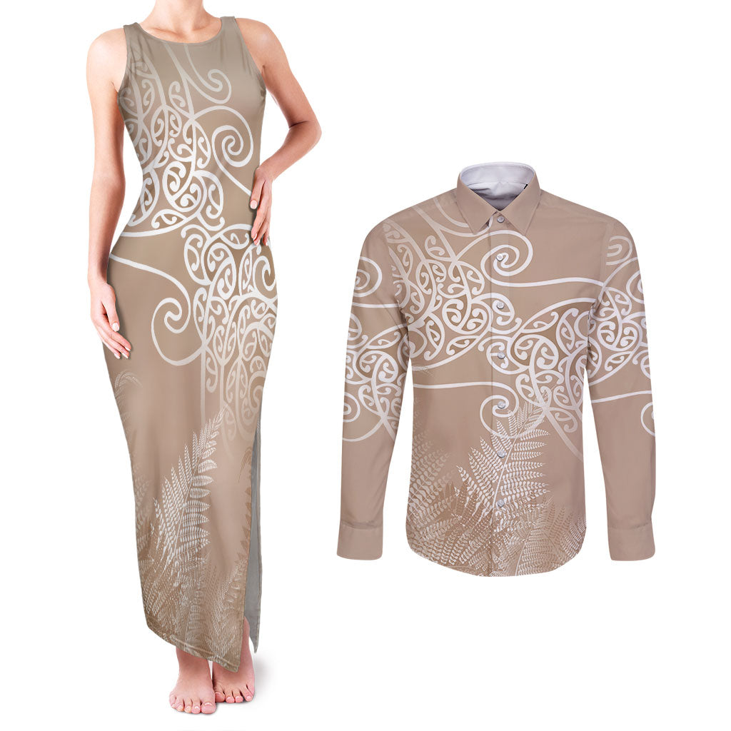 Aotearoa Maori Koru Curves Couples Matching Tank Maxi Dress and Long Sleeve Button Shirt Silver Ferns - Mocha LT7 Beige - Polynesian Pride