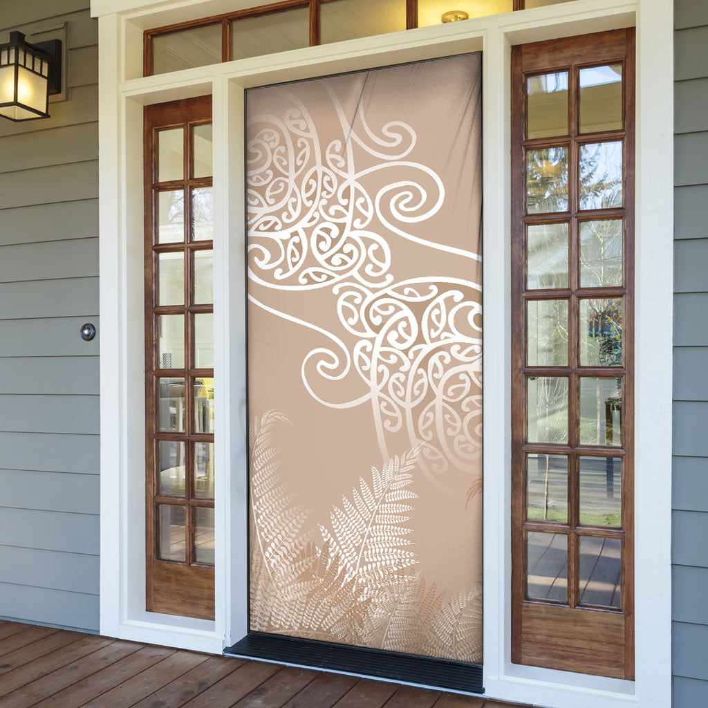 Aotearoa Maori Koru Curves Door Cover Silver Ferns - Mocha LT7 - Polynesian Pride