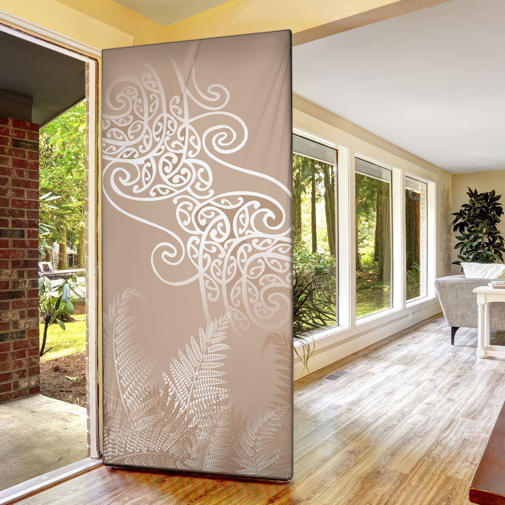 Aotearoa Maori Koru Curves Door Cover Silver Ferns - Mocha LT7 - Polynesian Pride