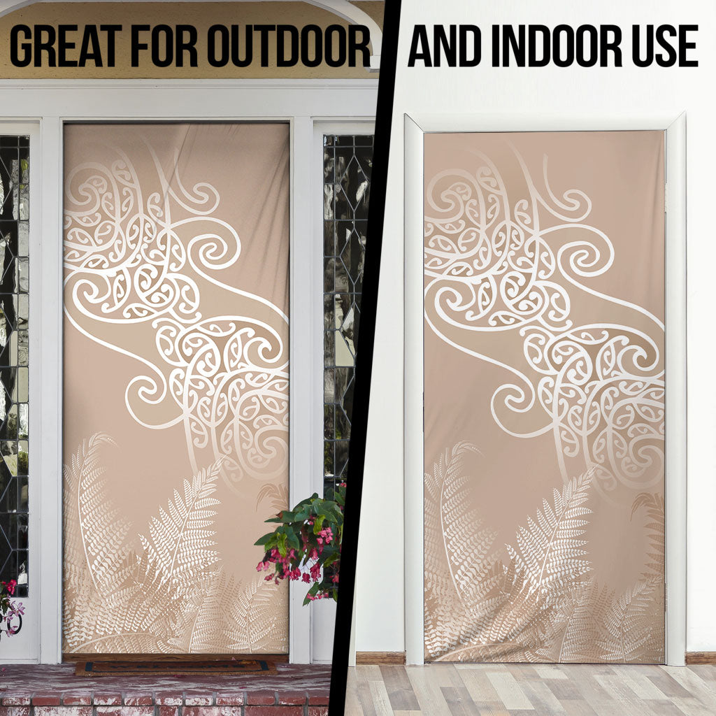 Aotearoa Maori Koru Curves Door Cover Silver Ferns - Mocha LT7 - Polynesian Pride