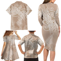 Aotearoa Maori Koru Curves Family Matching Long Sleeve Bodycon Dress and Hawaiian Shirt Silver Ferns - Mocha