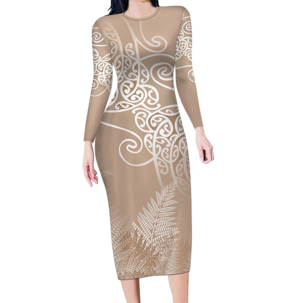Aotearoa Maori Koru Curves Family Matching Long Sleeve Bodycon Dress and Hawaiian Shirt Silver Ferns - Mocha