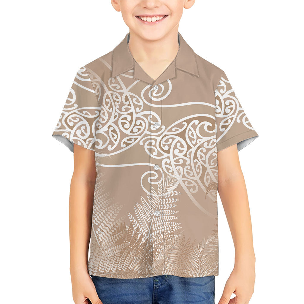 Aotearoa Maori Koru Curves Family Matching Long Sleeve Bodycon Dress and Hawaiian Shirt Silver Ferns - Mocha