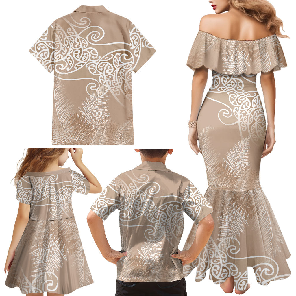 Aotearoa Maori Koru Curves Family Matching Mermaid Dress and Hawaiian Shirt Silver Ferns - Mocha