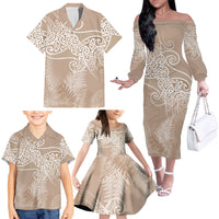 Aotearoa Maori Koru Curves Family Matching Off The Shoulder Long Sleeve Dress and Hawaiian Shirt Silver Ferns - Mocha