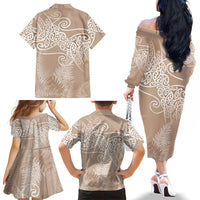 Aotearoa Maori Koru Curves Family Matching Off The Shoulder Long Sleeve Dress and Hawaiian Shirt Silver Ferns - Mocha