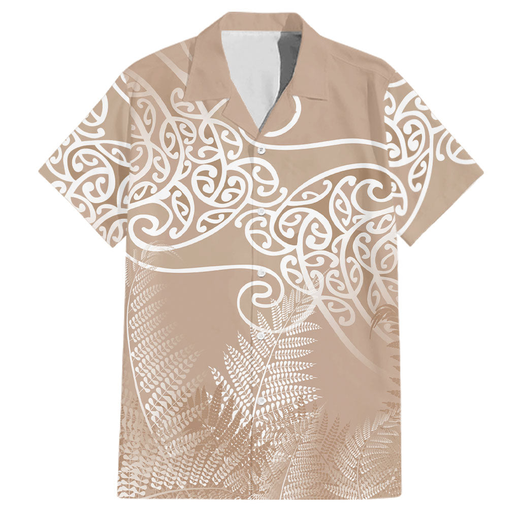 Aotearoa Maori Koru Curves Family Matching Off The Shoulder Long Sleeve Dress and Hawaiian Shirt Silver Ferns - Mocha