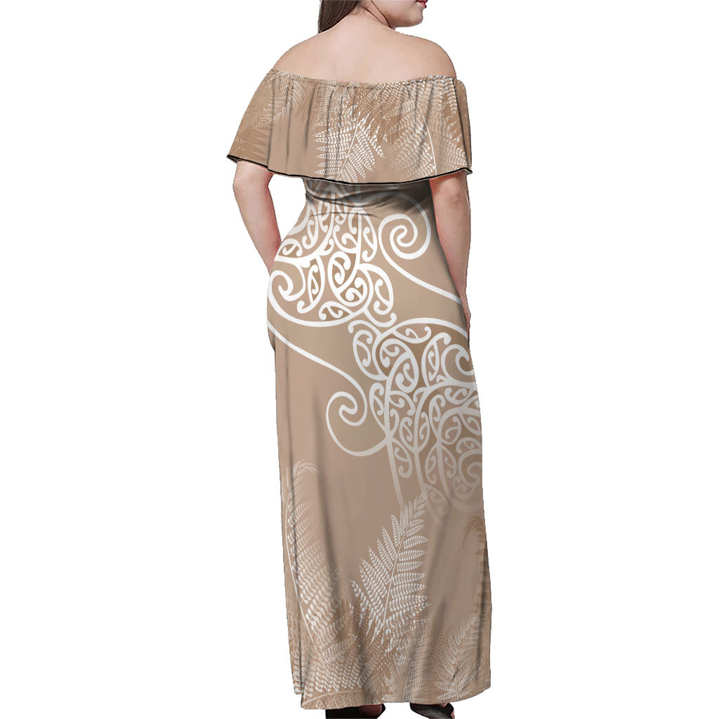 Aotearoa Maori Koru Curves Family Matching Off Shoulder Maxi Dress and Hawaiian Shirt Silver Ferns - Mocha