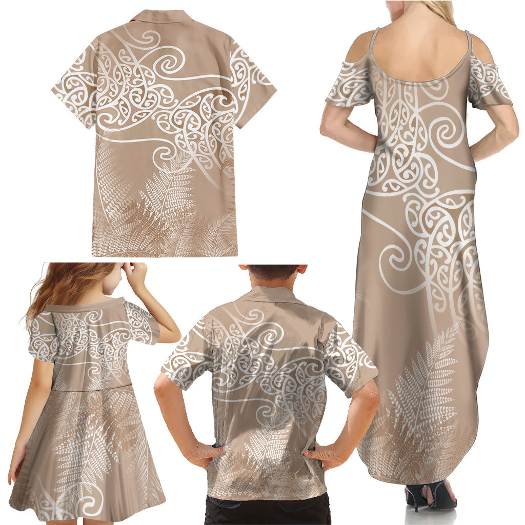 Aotearoa Maori Koru Curves Family Matching Summer Maxi Dress and Hawaiian Shirt Silver Ferns - Mocha